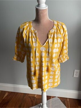 ⭐️⭐️ Yellow Polka Dot Tie-Front Peasant Blouse with Tassels